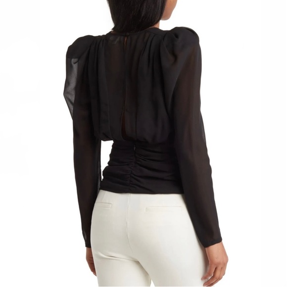 Ronny Kobo Trina Crystal Black Chiffon Plunge V-Neck Puff Sleeve Top Size M - Picture 2 of 6